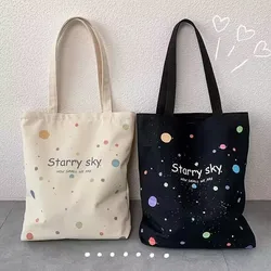 Starry Sky Pattern Canvas Bag, Fashion Zipper Tote Bag, Trendy Shoulder Bag For School & Shopping