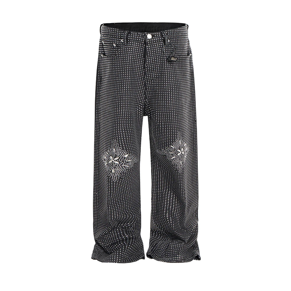 Full Rhinestone Shinning Diamond Baggy Jeans Pants for Men Straight Hip Hop Washed Vintage Loose Denim Trousers Oversized