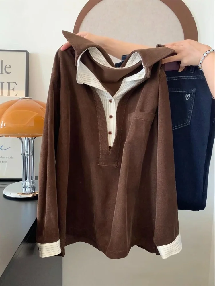 

Винтажный женский топ с длинным рукавом, повседневный, с воротником, приталенный, с эффектом двухслойности, универсальный, для весны и осени