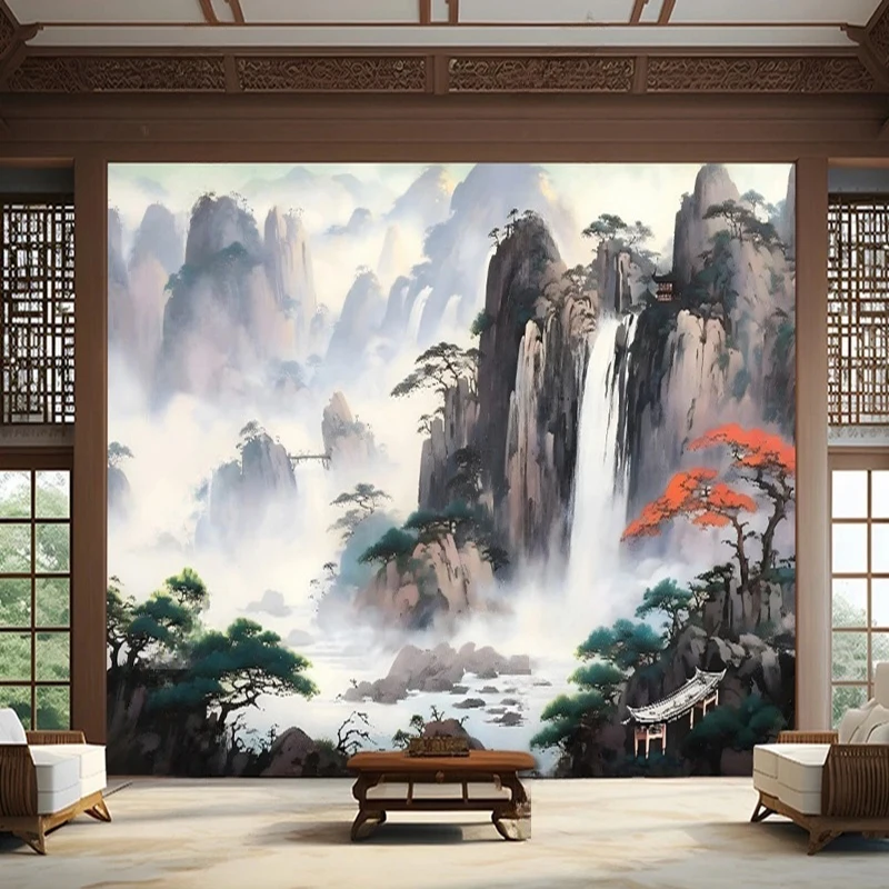 Chinese Style Wallpaper Custom Photo Mural Art Landscape Mountains Waterfall Scenery Hanging Painting Background Home Decor 3D