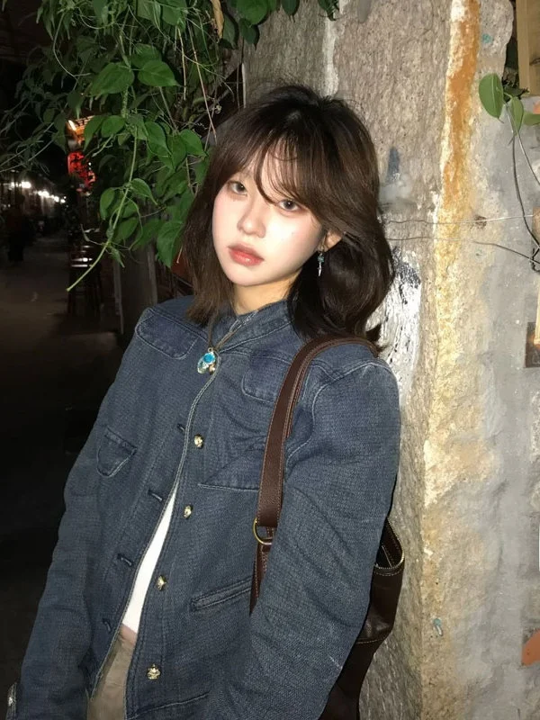 

American Sle Retro ort Denim Jaet Loose Faionable Top for Small Stature Autumn 2026 Seasonal Wear round Ne Button C...