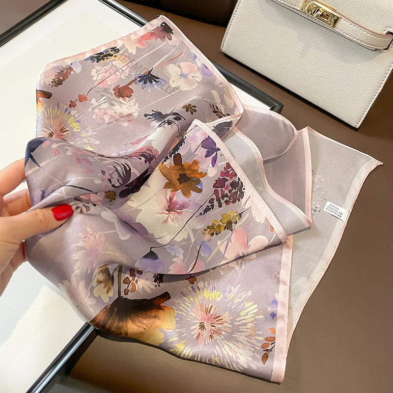 53cm Square Scarf 100% Real Silk Scarves for Women Foulard Bandana Fashion Floral Small Neck Kerchief Hairscarf 2023 Spring New