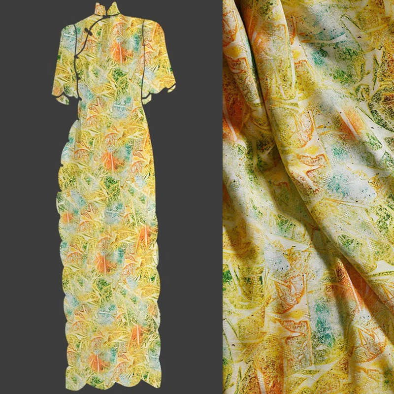 Printed on Yellow Green 145CM Wide 220G/M Rayon Fabric for Summer Pants Dress Cheongsa Blouse,Soft Breathable Fabric R418