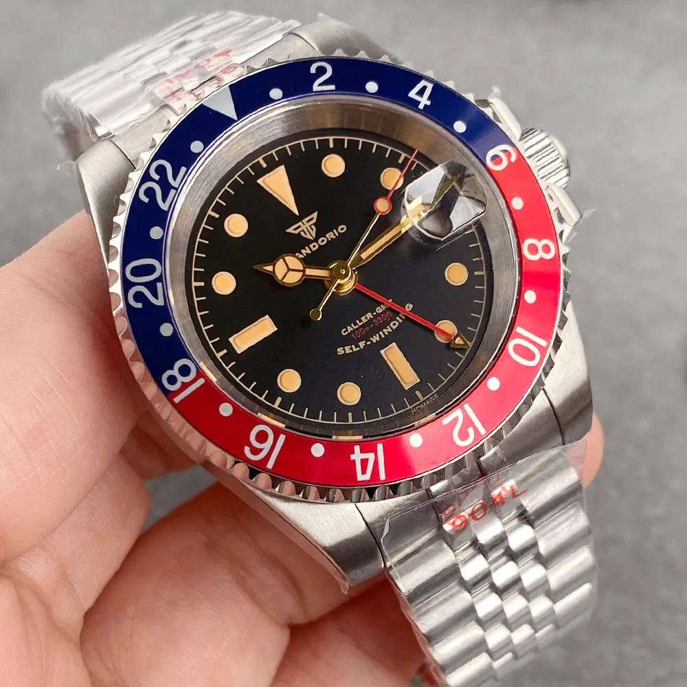 Tandorio blue red bezel GMT ref Black White Dial NH34A Watch for Men SUB Steel Automatic Wristwatch Glide Lock Relogio Masculino