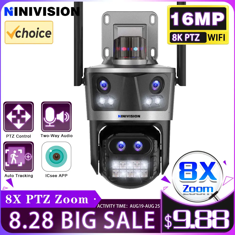 

8K 16MP Security Camera Four Lens 8X Zoom Three Screen WiFi PTZ IP Outdoor Human Protection IP Cam PTZ CCTV Video Surveillance