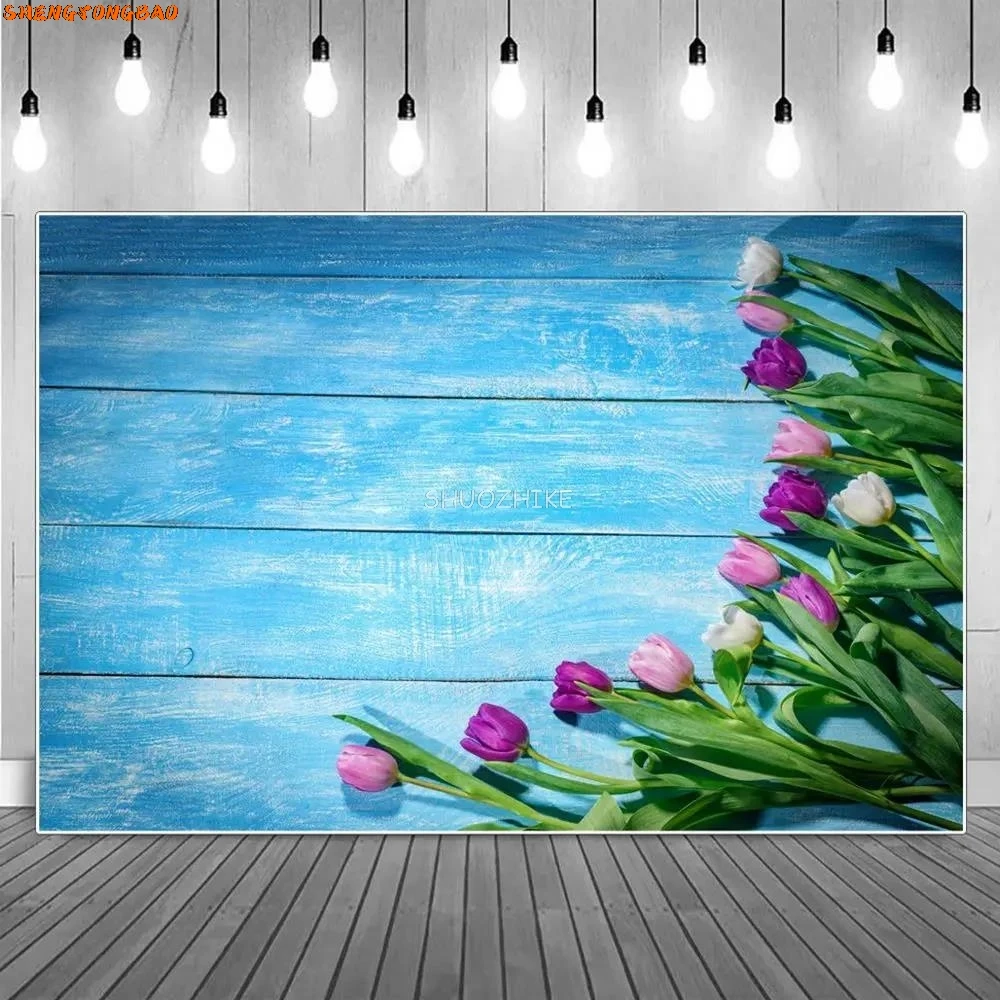 Flower Wooden Food Subject Backdrop for Photo Shoot Blue Wood Board Product Photo Background Spring Floral Shooting Prop