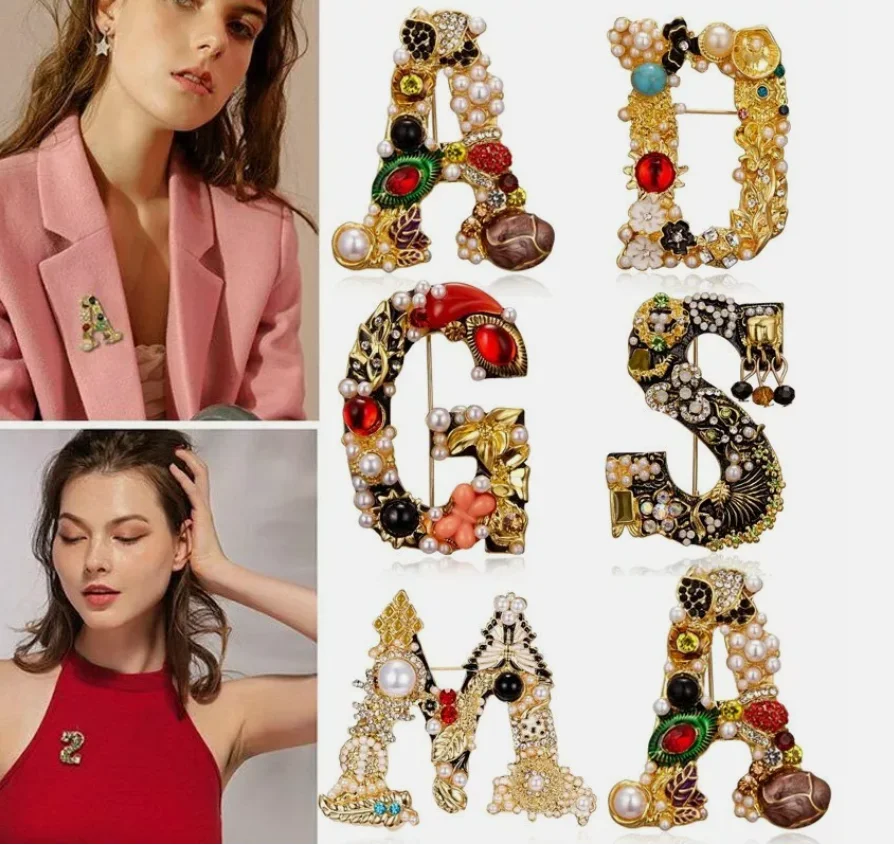 Rinhoo Vintage Rhinestone Letter A D G S M Enamel Imitation Pearls Brooches Women Baroque Alphabet Initial Pins Wedding Jewelry