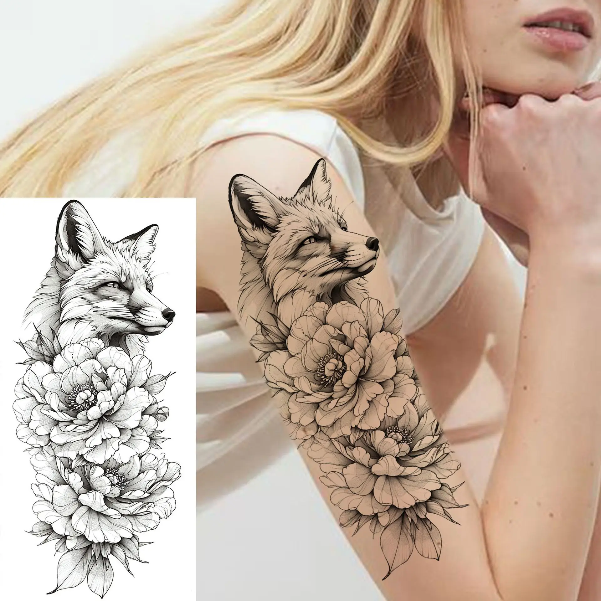 

Temporary Tattoo Stickers Fox Peony Floral Design Waterproof Durable High Resolution for Calf Arm Skin Safe