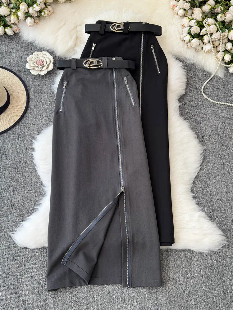 

Summer Female Slim Y2k Harajuku Vintage Skirts Solid Color Zipper Forked Design High Waist Fashion A-line Long Skirt