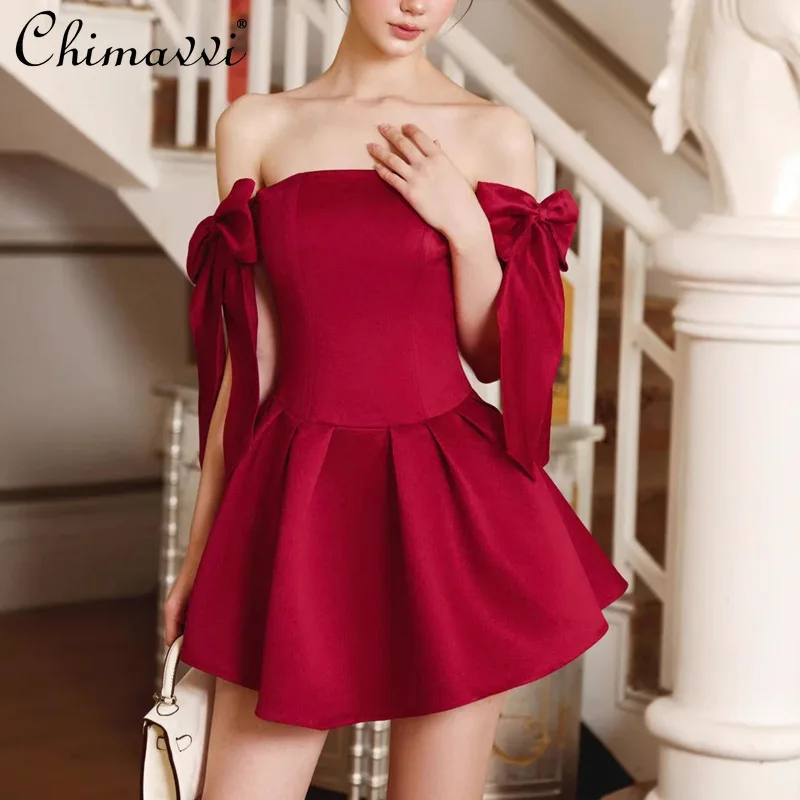 

French Elegant Celebrity Engagement Birthday Party Red Dress Off Shoulder Lace-up Bow A-line Princess Short Evening Dress Women