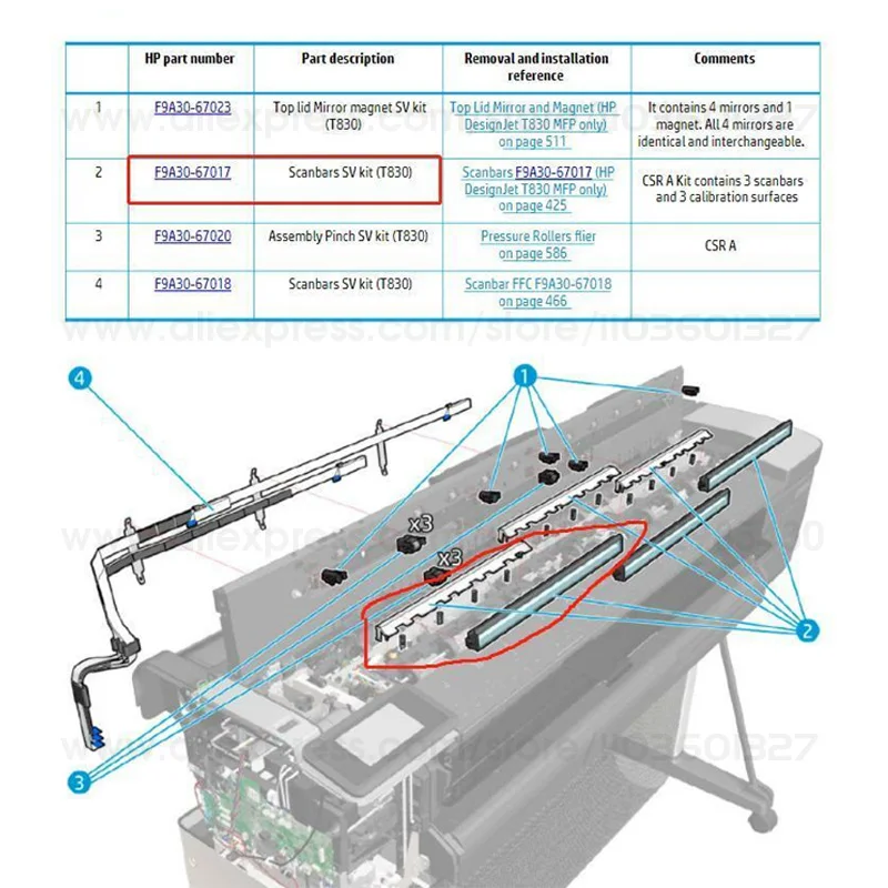 Imagem -04 - Kit de Barras de Varredura Candela sv para hp T830 Mfp F9a3067017 Peças Plotter Original Novo F9a30-67017 F9a30-67065