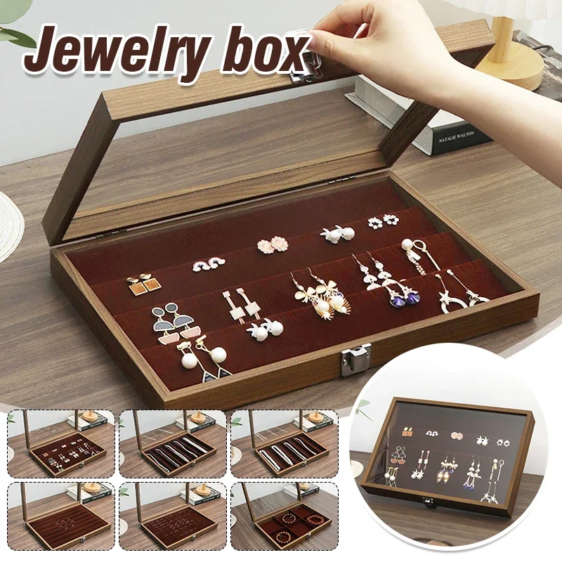 Wooden Jewellery Storage Box with Lid Dustproof Necklace Bracelet Chunky Necklace Display Box Transparent Jewellery Storage Box