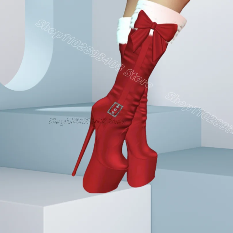 

Red Bowknot Decor Fur Boots Round Toe Silk British Style Party Casual Design for Women Elegant Knee Boots Zapatos Para Mujere