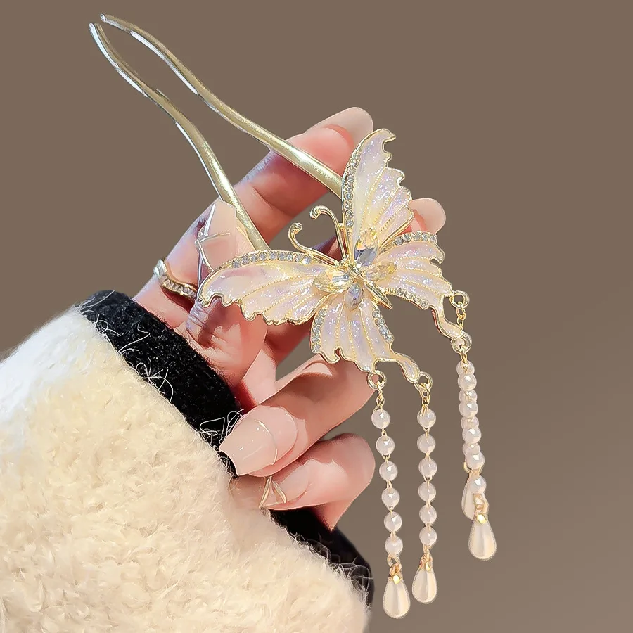 Damska spinka do włosów w kształcie litery U z perłowym frędzlem w kształcie motyla. Prezent urodzinowy. Akcesoria do włosów
