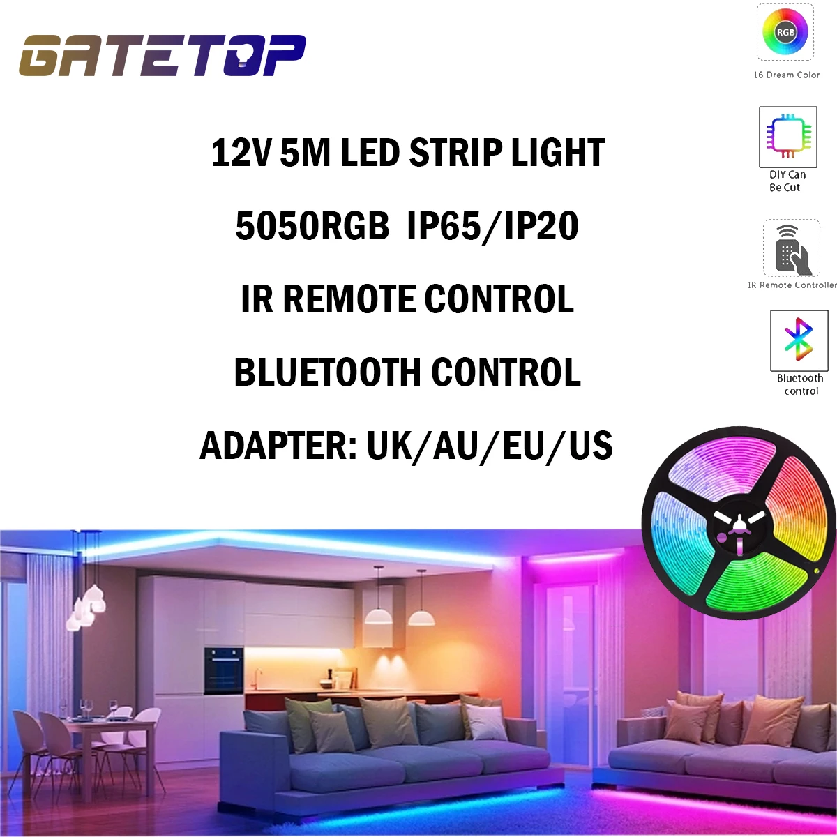 

1-5P Led lamp with Ip65/IP20 RGB infrared/Bluetooth remote control 5050 Flexible lamp with diode for TV background lighting Led