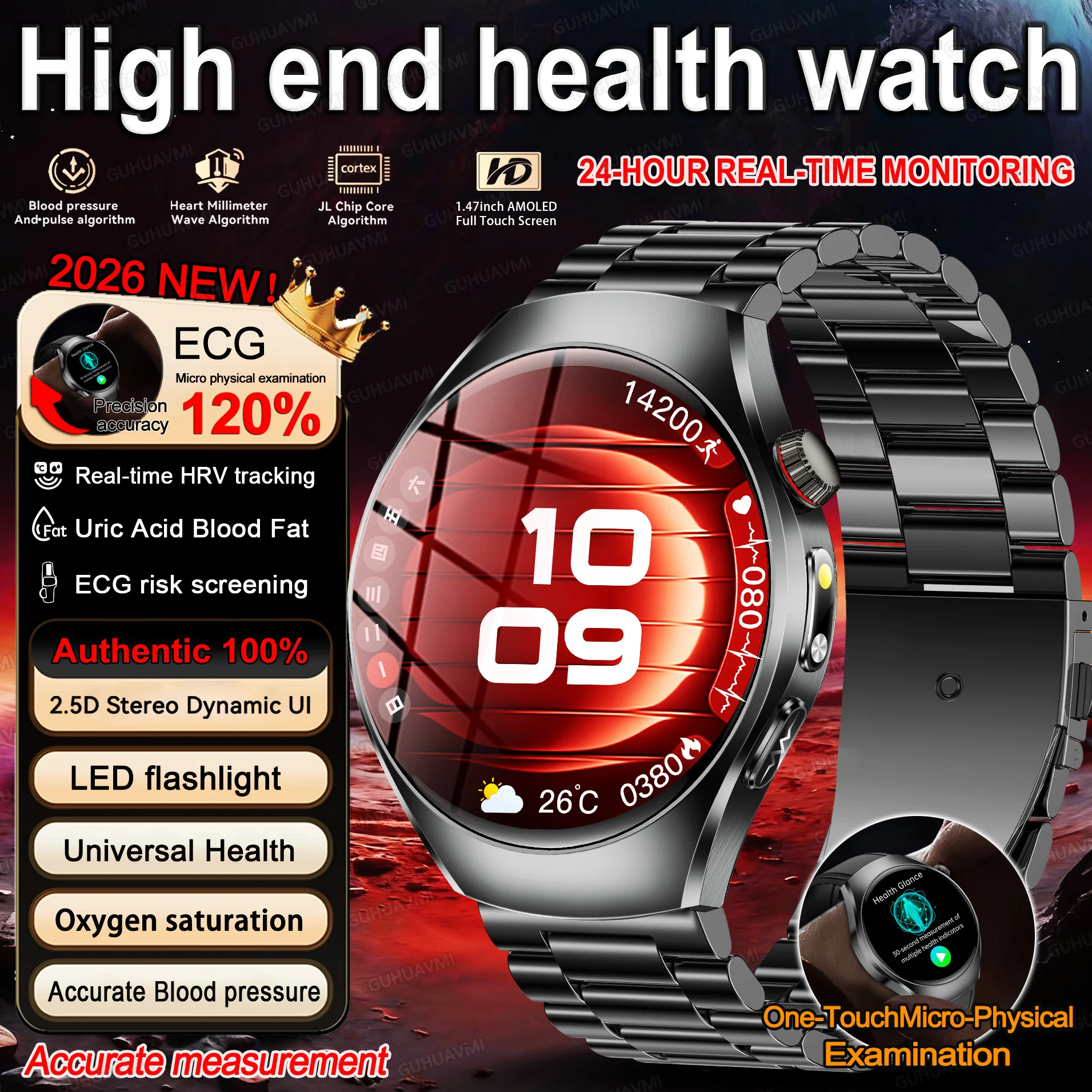 

2026 New Nursing Grade Body Analysis Smart Watch ECG Blood Lipid Uric Acid Body Fat Sport IP68 Voice Call SmartWatch Man Women