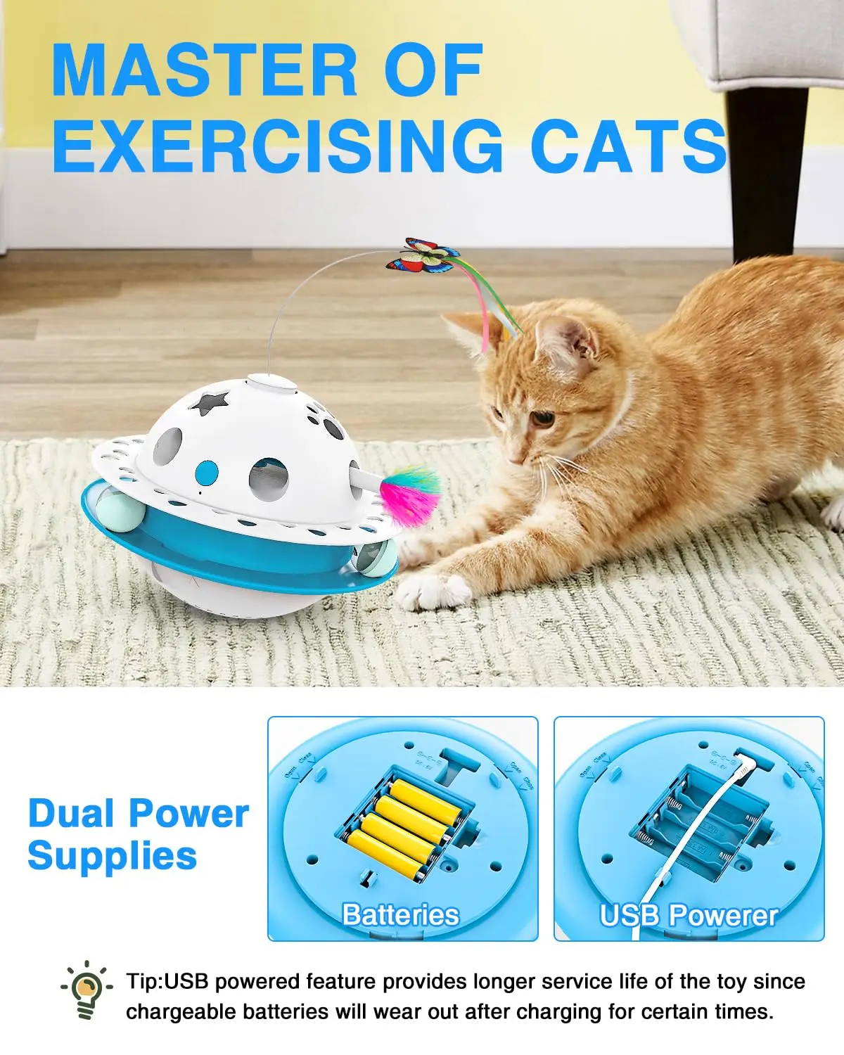 3 in 1 Smart Cat Toys, Fluttering Butterfly,Random Whack-A-Mole Mice, Dual Power Supplies,1 Pcs Catnip Balls, Auto On/Off (Blue)