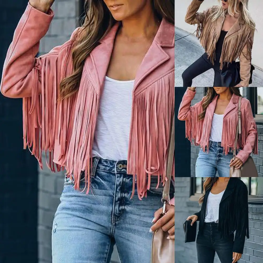 Womens Vintage Lapel Long Sleeve Fringe Cropped Motor Biker Cardigan Outwears Faux Suede Tassel Jacket