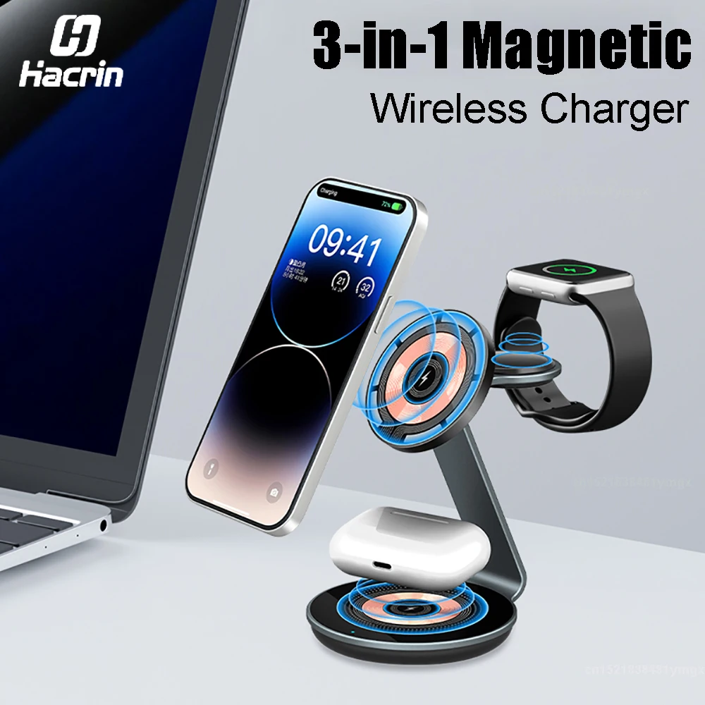 

Magnetic Wireless Charger Stand 3 in 1 Fast Charging Station For iPhone 15 14 13 12 Pro Apple Watch 9 8 7 6 5 Induction USB