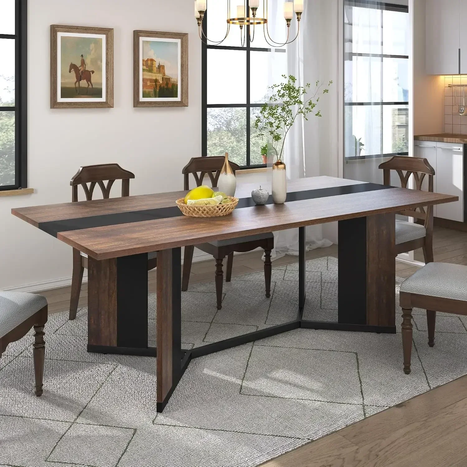 71In Large Rectangular Dining Table,Wood Watrproof Brown Tabletop,6ft Luxurious Family Dinner Table  Office Kitchen Living Room