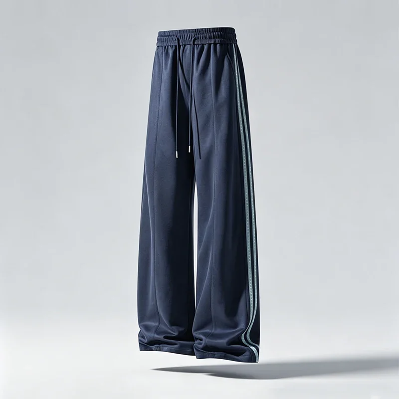 Men Side Stripe Wide Leg Sweatpants Elastic Drawstring Waist Loose Straight Trousers Soft Fabric Streetwear Daily Bottoms