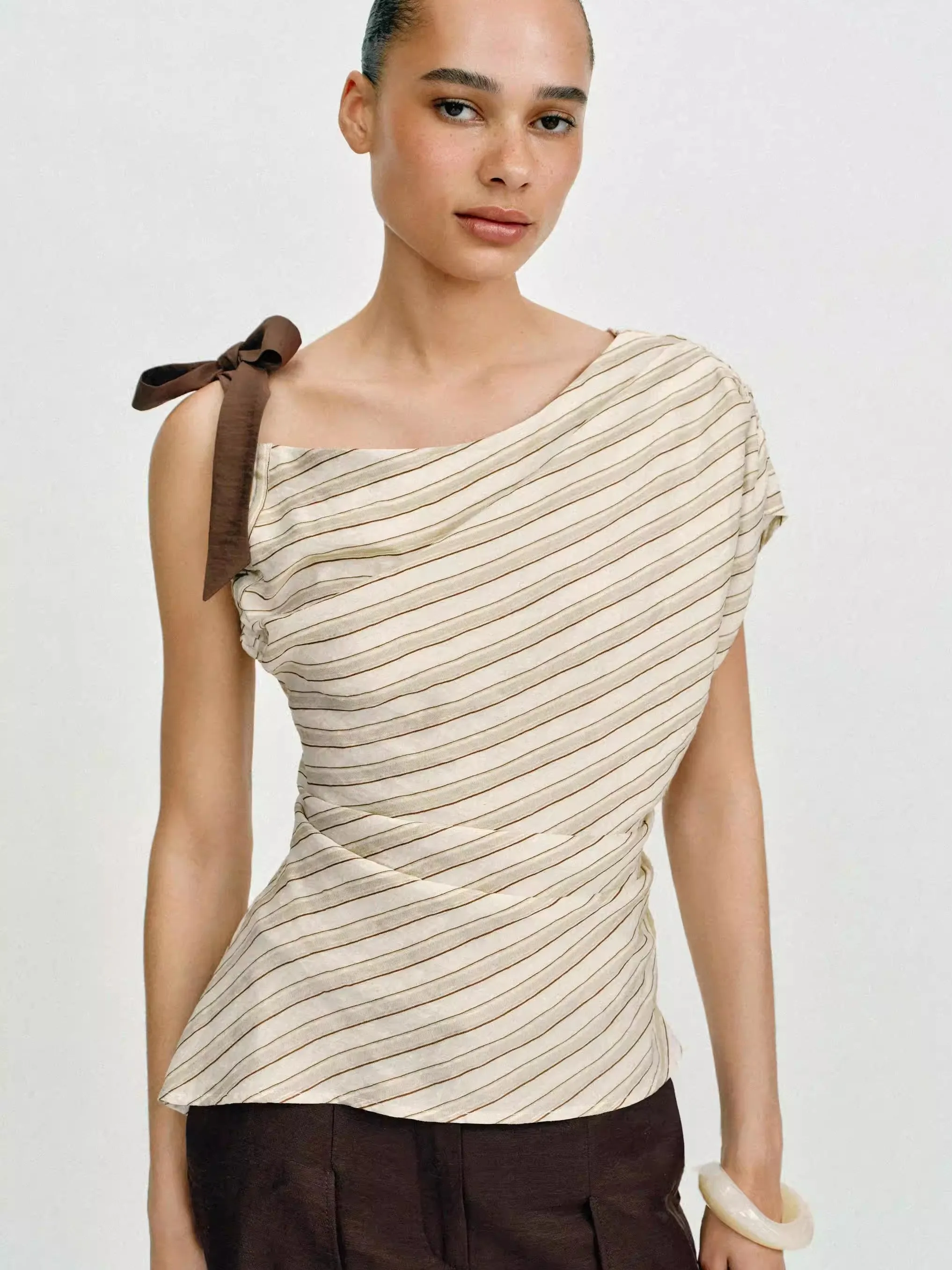 

New Summer Women's Asymmetric Stripe Sleeveless Knot Top Elegant Fashionable Stage Costume Traditional Ethnic Wear