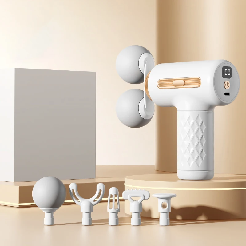 

Портативный массажный пистолет с двумя насадками, 6 массажными головками и 5 уровнями интенсивности.