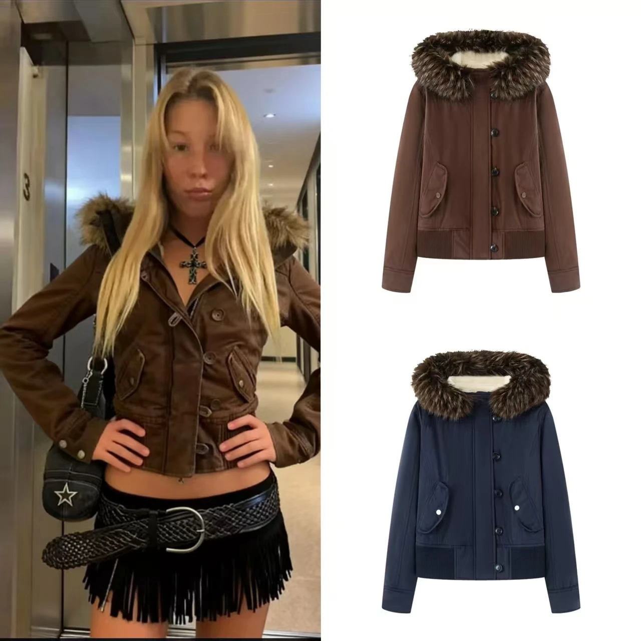 

Women's Jacket 2025 Autumn New Arrivals Solid Color Long Sleeve Hooded Coat with Fur Collar and Pocket Decoration Warm Short