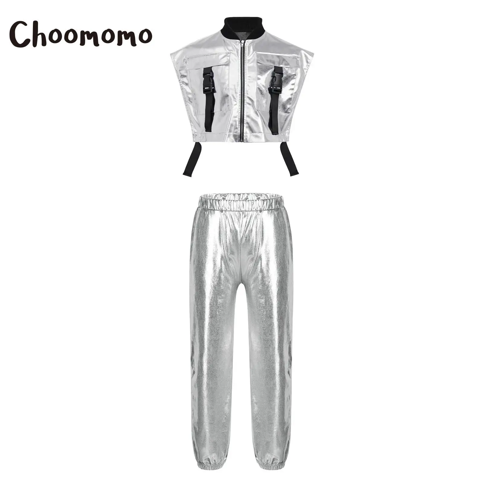 

Fashion Girls Hip Hop Jazz Dance Suit Sleeveless Sides Zipper Metallic Crop Vest Jacket with Shiny Pants Disco Rave Streetwear
