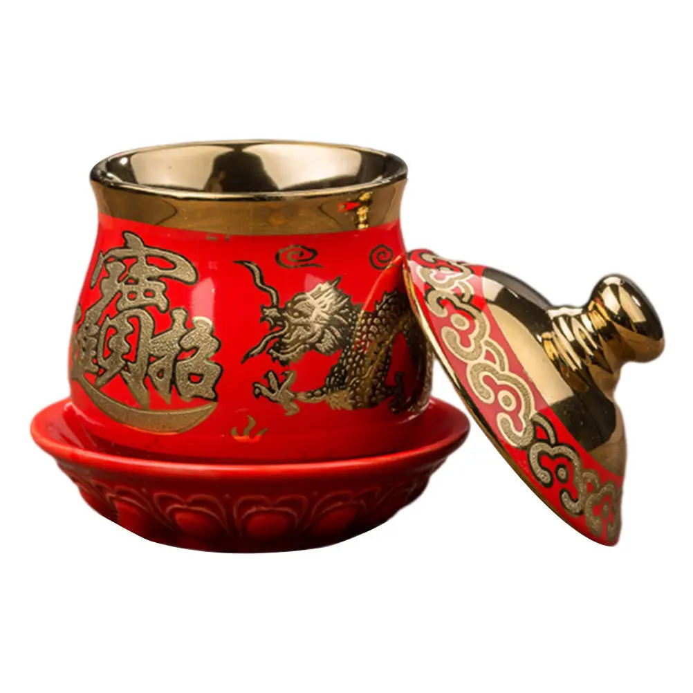 

Holy Water Cup Ceramic Buddhist Offering Bowl with Lid Temple Decor Auspicious Design Worship Supplies for Home Shrine