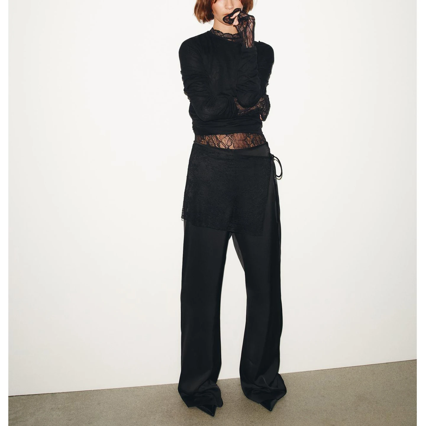 خريف شتاء جديد وصول المرأة عادية Sle الحرير الساتان يشعر الدانتيل التفاف وشاح السراويل الطويلة مستقيم الساق l الخصر بوليست... #2