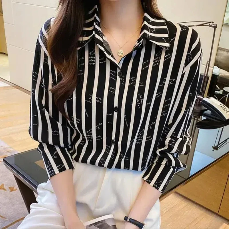 Spring Autumn New Fashion Turn-down Collar Long Sleeve Women\'s Clothing Blouses Striped Simplicity Trend Thin All-match Shirts