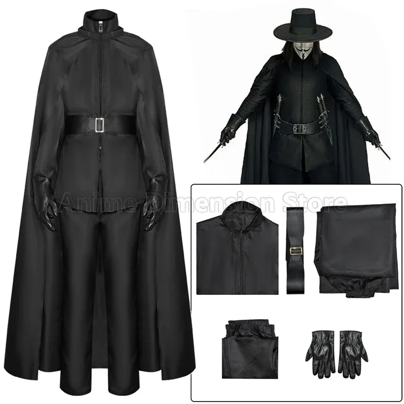 V Cosplay disfraces de película venganza espadachín negro uniforme capa Halloween carnaval fiesta vestir para hombres