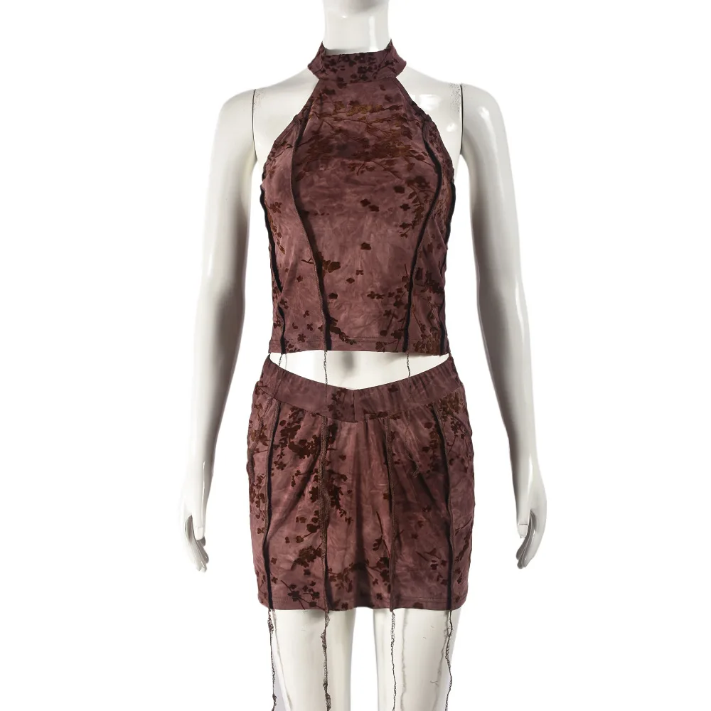 SKMY Y2k Clothes Fashion Velvet Patchwork Wrapped Chest Sleeveless Crop Tops Mini Skirts Two Piece Sets Outfits For Women