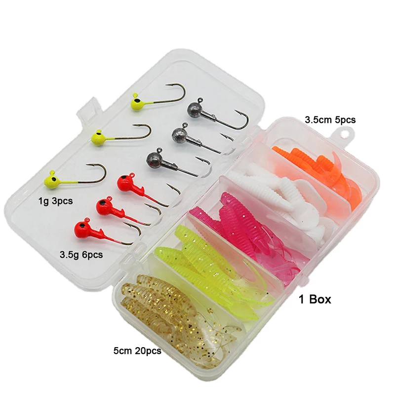 35Pcs/box Crank Jig Head Hook and Soft Bait Set Fishing Hooks Jigging Heads Soft Lure for Bass Trout Carp Sea Fishing Saltwater