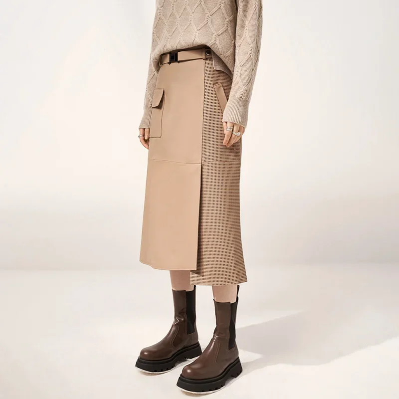 Genuine Sheepskin Skirts Irregular High Waist Casual Solid Women Leather Skirts