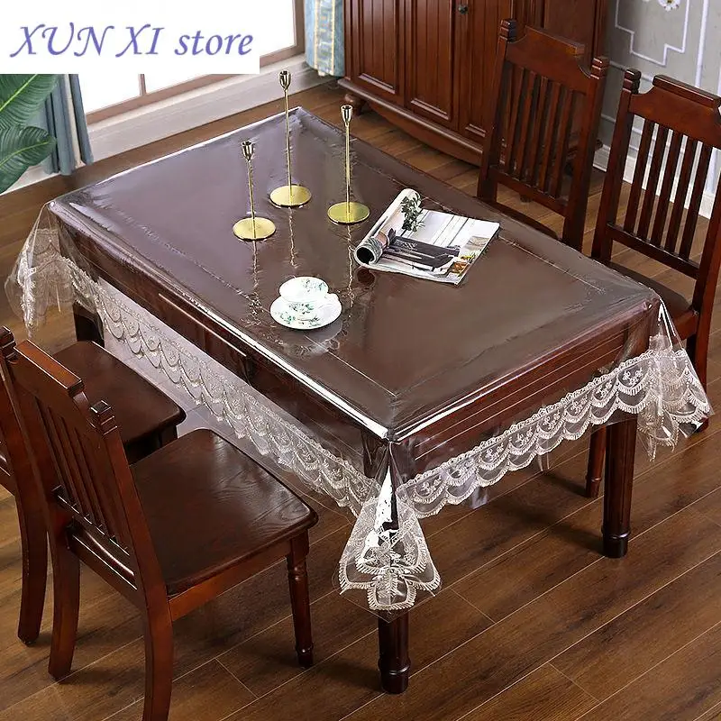 

2023 Waterproof Table Cloth Rectangular Lace Decor Tea Table Dust PVC Plastic Tablecloth Soft Glass Wedding Party Table Cover