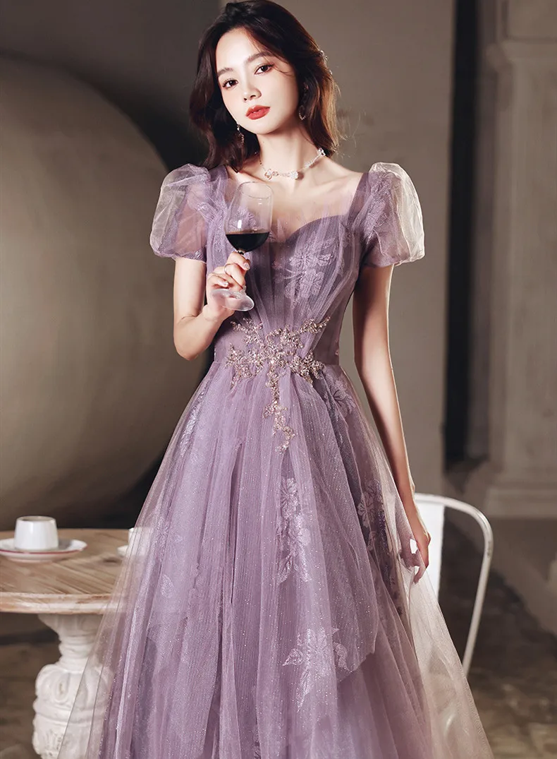 Purple Sexy Sequins Applique Puff Sleeve Back Bandage A-Line Evening Dress Bride Bridesmaid Wedding Tulle Prom Gowns Vestidos