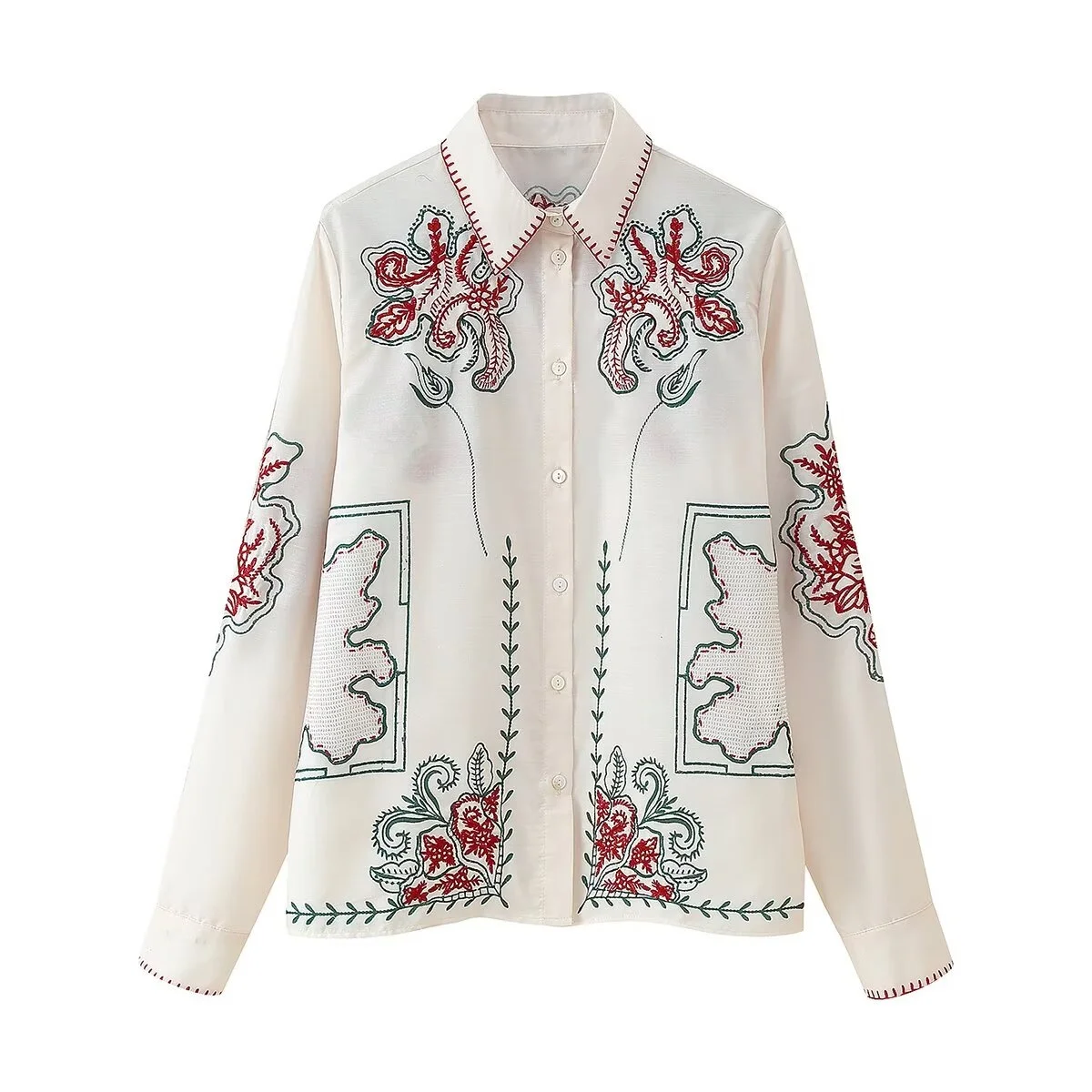 Bsk & tref2025 outono nova moda casual feminina simples lapela camisa de manga comprida topo + calças bordadas de cor contraste