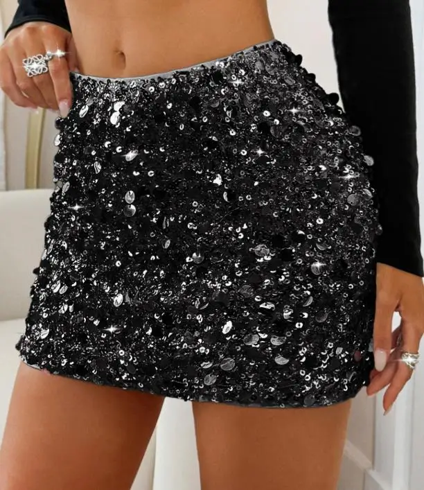 Skirt for Women 2026 Spring Summer New Solid Color Elegant Sexy Sequin Decor High Waist Versatile Casual Party Mini Skirt