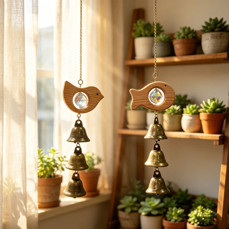 Beech Wood Crystal Wind Chime Antique Copper Bell Creative Hanging Ornament for Home Garden Patio Balcony Wall Decoration