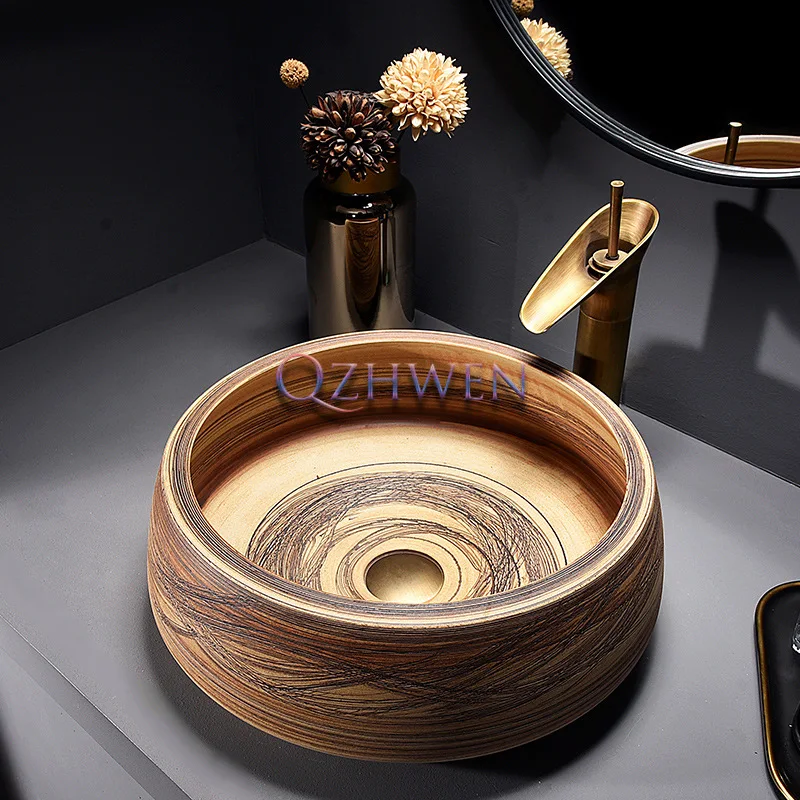 

Tree Texture Bathroom Sink Round Ceramic Washbasin Simple Single Basin Hotel Balcony Countertop Sink Wholesale Sanitary Ware