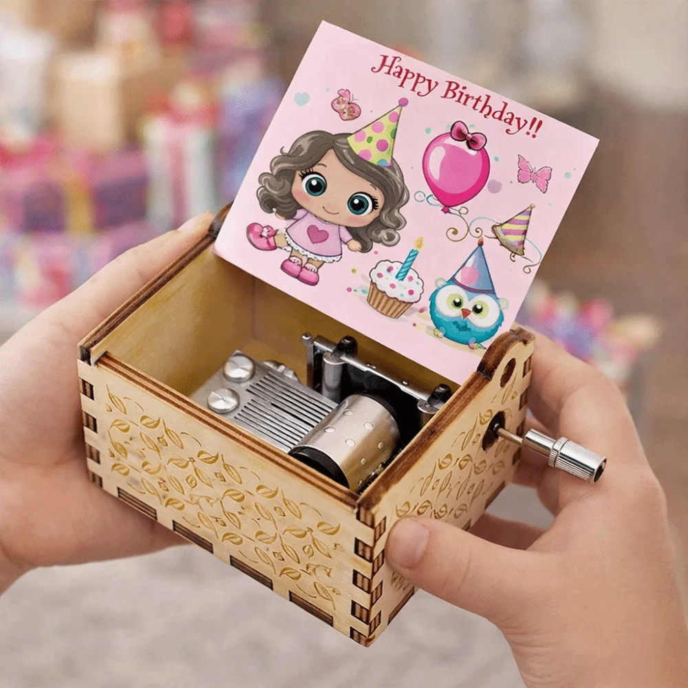 UV Painting Birthday Music Box Laser Engraving Mechanical Spring Hand Crank Music Box Retro Wooden Music Box Holiday Gifts