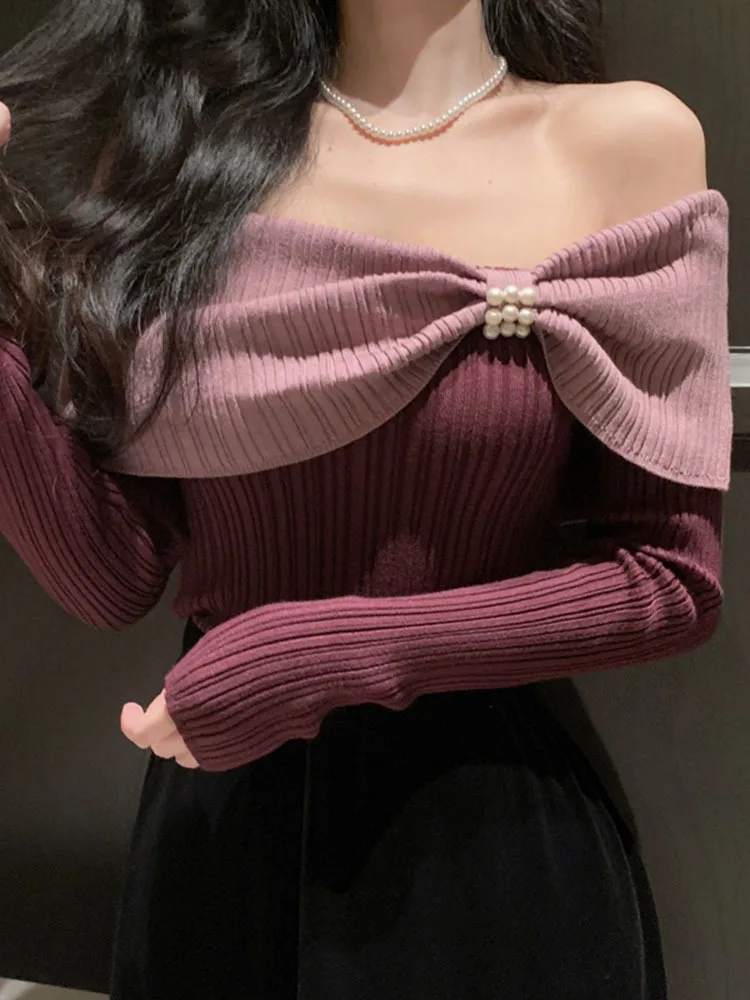 Hit Color Off Shoulder Sexy Strapless Long Sleeve Slim Knitwear Tops 2023 Autumn Winter Bottoming Knitted Sweater Mujer