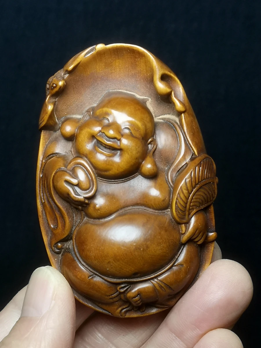 

1919 Antique art Size H 7.8CM Chinese boxwood hand carved Maitreya Buddha figurine statue netsuke Gift