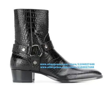 Metal Rings Chelsea Boots Black Crocodile Pattern Side Zipper Men Booties British Style Heightened Trendy Luxury Handmade Boots