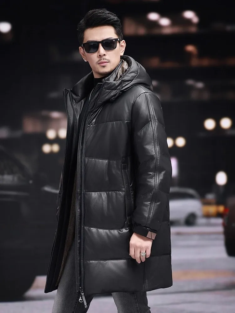 أعلى جودة الشتاء الرجال هودي طويل جلد البقر جلد طبيعي أوزة أسفل سترة سميكة معطف دافئ مستقيم سترة واقية خندق معطف #6
