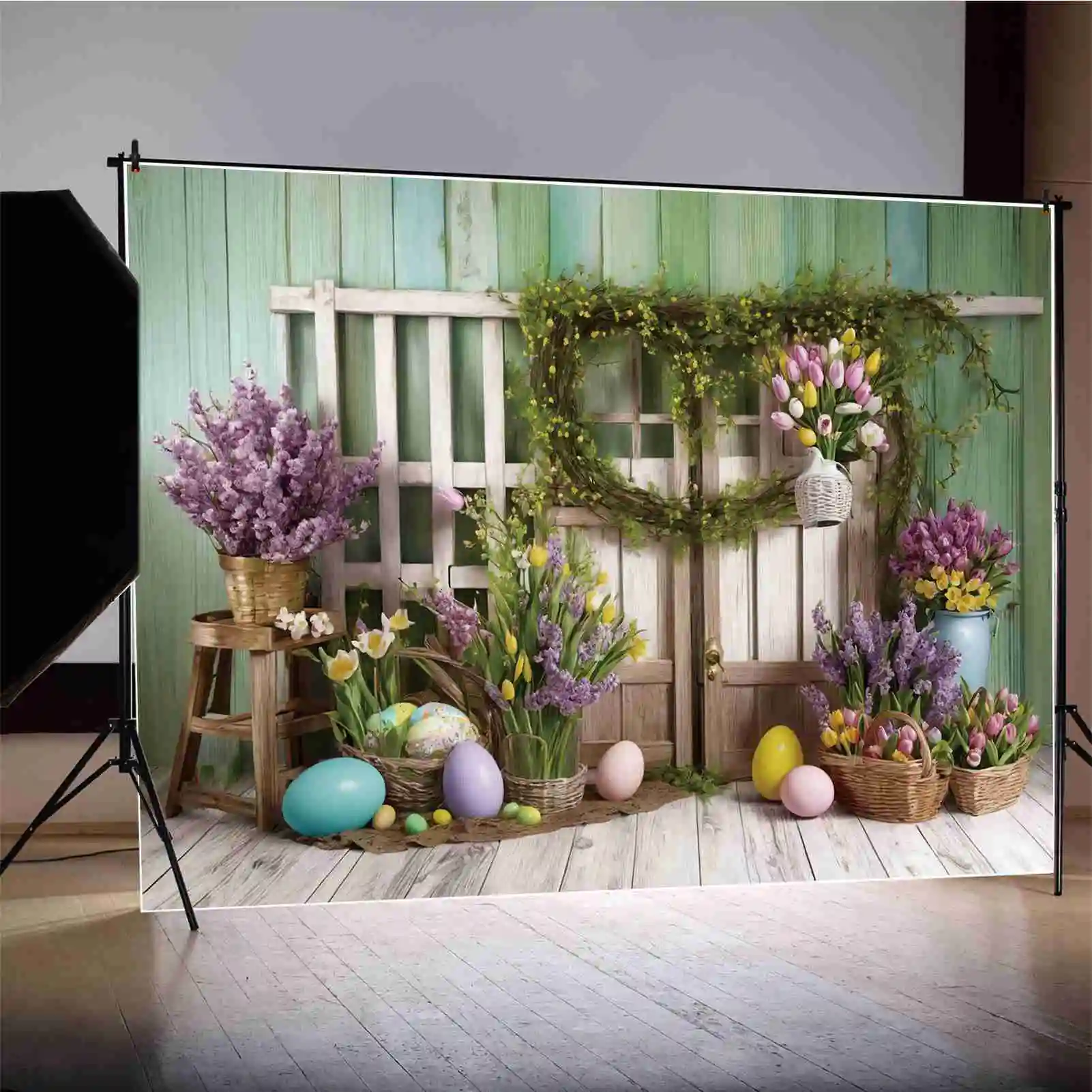 MOON.QG Green Purple Pink Blossom Flowers Blanket Bouquet Colourful Painted Eggs Wood Door Easter Background Decoration Backdrop