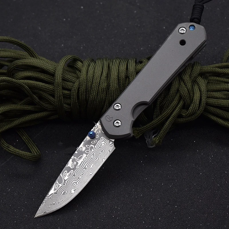 

Damascus Steel folding knives outdoor tool knives portable handmade knives Titanium alloy washed stone handle