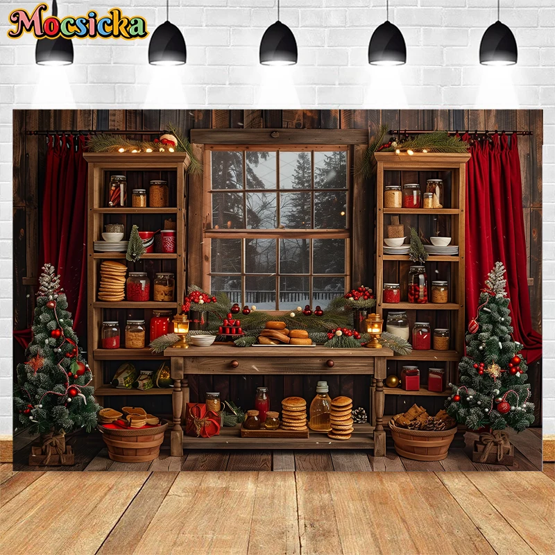 Mocsicka Christmas Kitchen Cupboard Backdrop Kids Family Photography Props Child Adult Photocall Decors Photo Background